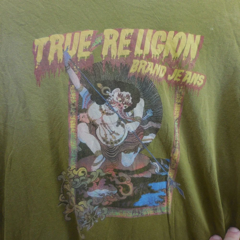 True Religion Mens Olive Green Graphic T-Shirt Mythological Print Small